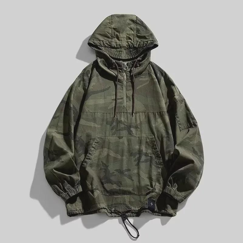 Retro American Camouflage Hooded Jacket: Autumn & Winter Outdoor Workwear with Half Zipper
