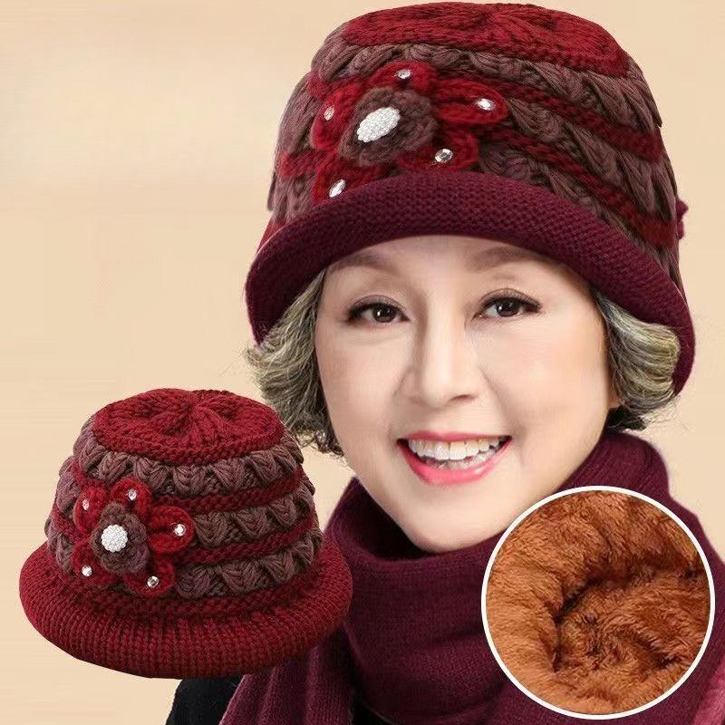 Wintermütze für ältere Menschen, Omas gestrickte warme Fischerhut für alte Damen, Mittelalterliche und ältere Menschen, plus Samt, dicke Wollmütze