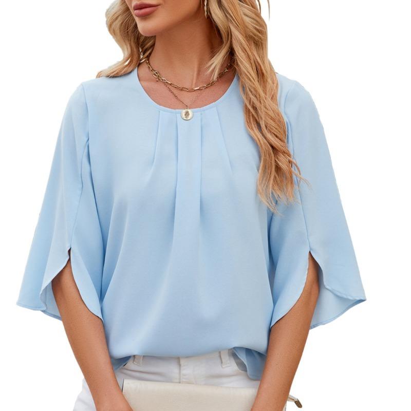 Solid Color Round Neck Five Quarter Sleeve Short Sleeved Loose Chiffon Top for Women Tops