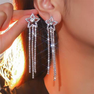 European and American New Five-pointed Star Full Diamond Inlaid Zircon Long Fringed Earrings Women's Luxury Temperament Bridal Ear Jewelry