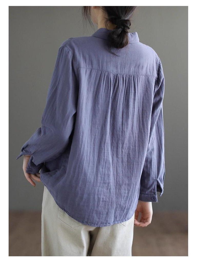 Korean Style Double-Breasted Women's Shirt, Polo Collar, Cotton Linen, Long Sleeve, Loose Fit, Perfect for Spring/Autumn