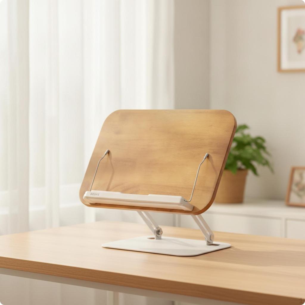 Book Stand, with Metal Base Foldable Wooden Reading Stand Adjustable Desktop Holder for