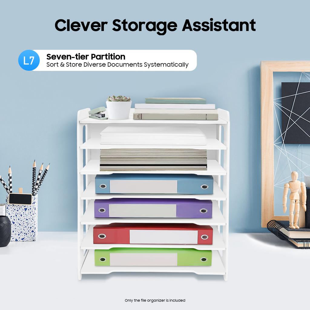 7-Tier White File Organizer, Desktop Letter Tray Paper Sorter, 34x25x39cm Office Document Holder, Multi-Layer Literature Rack