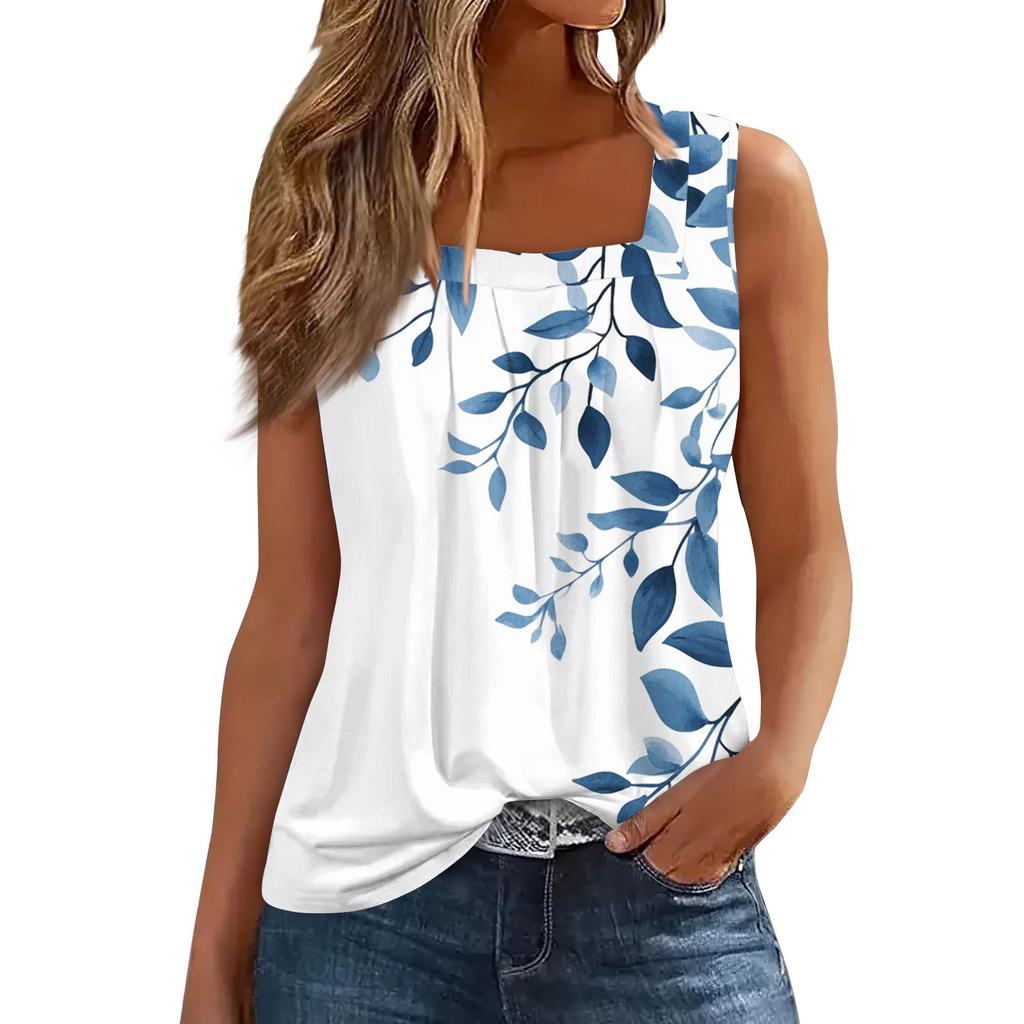 Women's Pleated Square Collar Sleeveless Vest Print T-shirt