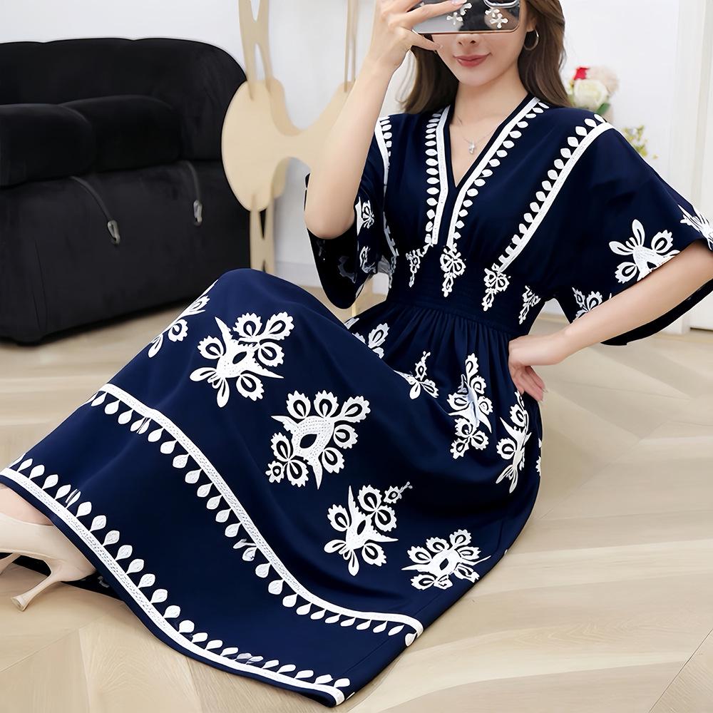 26-Year Floral V-Neck Cotton Silk Batwing Sleeve Beach Dress - Thailand Travel & Vacation Skirt Style