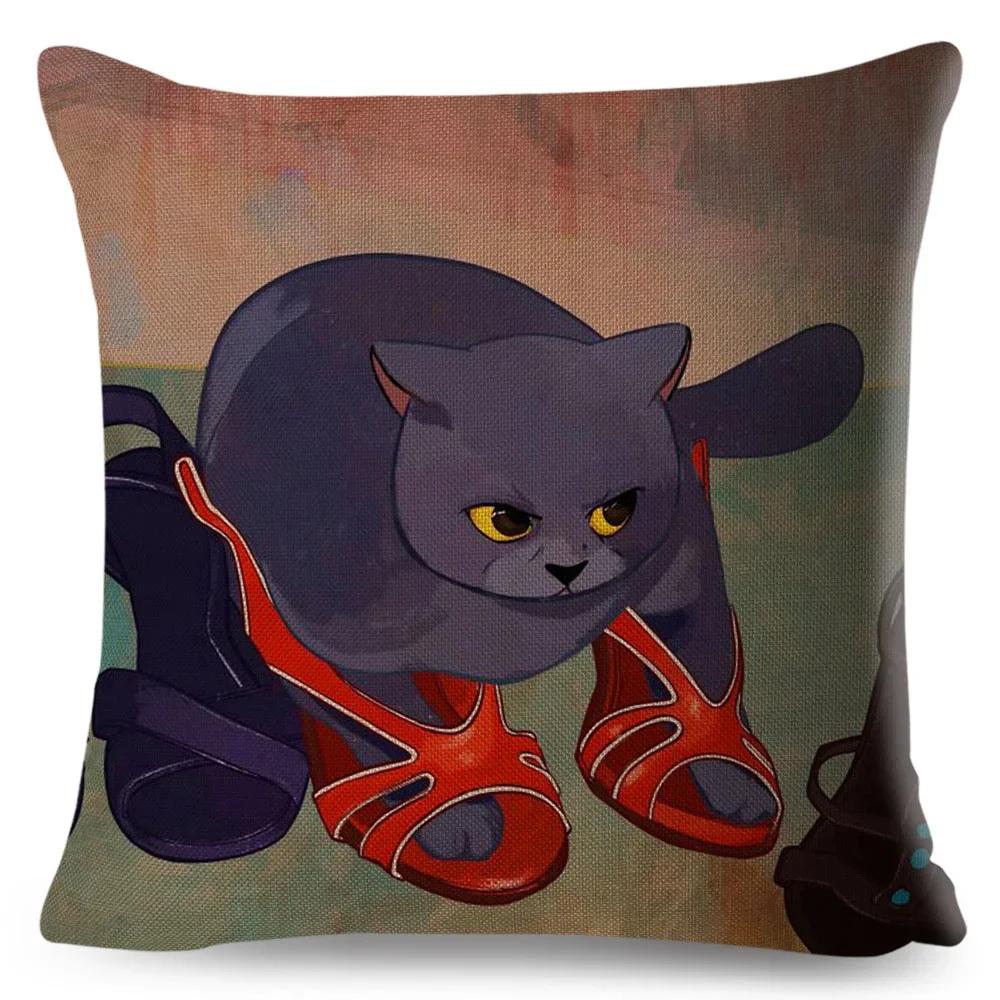 Olejomalba Roztomilá Kočka Povlak na Polštář Dekor Barevný Kreslený Domácí Zvíře Povlak na Polštář Polyesterový Povlak na Polštář na Pohovku Dětský Pokoj