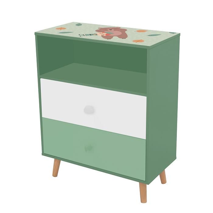 Meuble de Rangement Enfant GINGER HOME FOREST, Armoire avec 2 Tiroirs et Étagère, Design Ours, Bois MDF et Pin, 60x30x75 cm