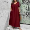 Robe pour femme col en V manches courtes effet froissé texturé coupe ample avec poches décontractée confortable longueur midi