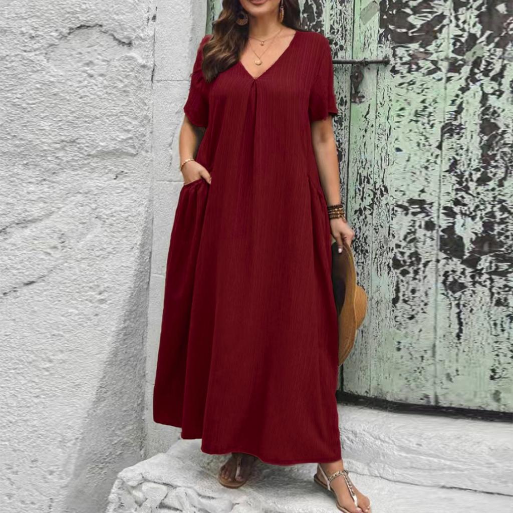 Robe pour femme col en V manches courtes effet froissé texturé coupe ample avec poches décontractée confortable longueur midi