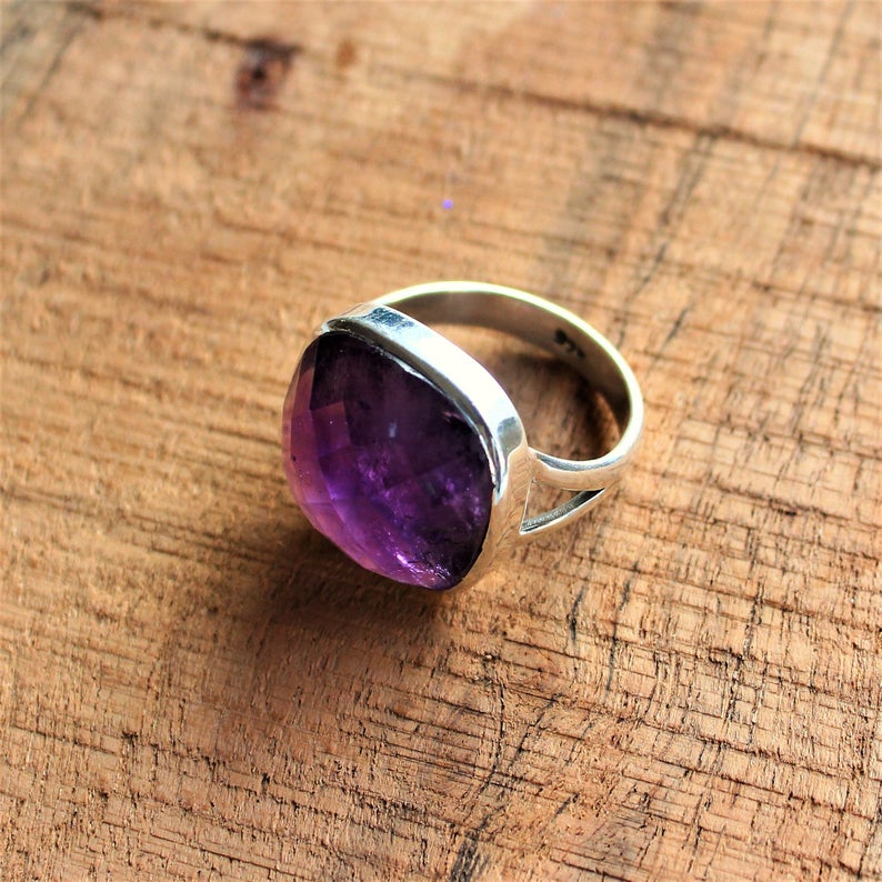 Faceted Amethyst Ring, 925 Sterling Silver Ring, Oval Gemstone Boho Ring, Handmade Jewelry, Gift For her, Valentine's Day Gift,