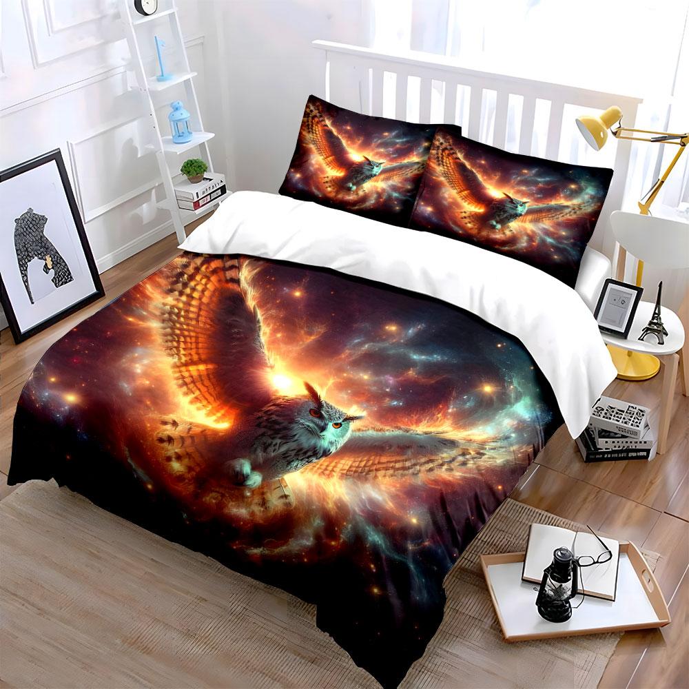 Fiery Owl Cosmic Decor Set Bedding Set With 1 Duvet Cover 2 Pillowcases Single Double King Queen, Gift