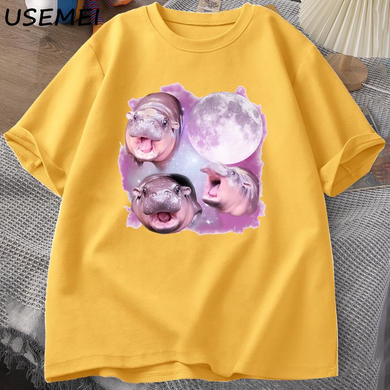 Three Moo Deng Moon Tshirt Unisex Women Fuuny Cartoon Cute Moodeng Tshirt Cotton Short Sleeve O Neck Unisexs Clothing
