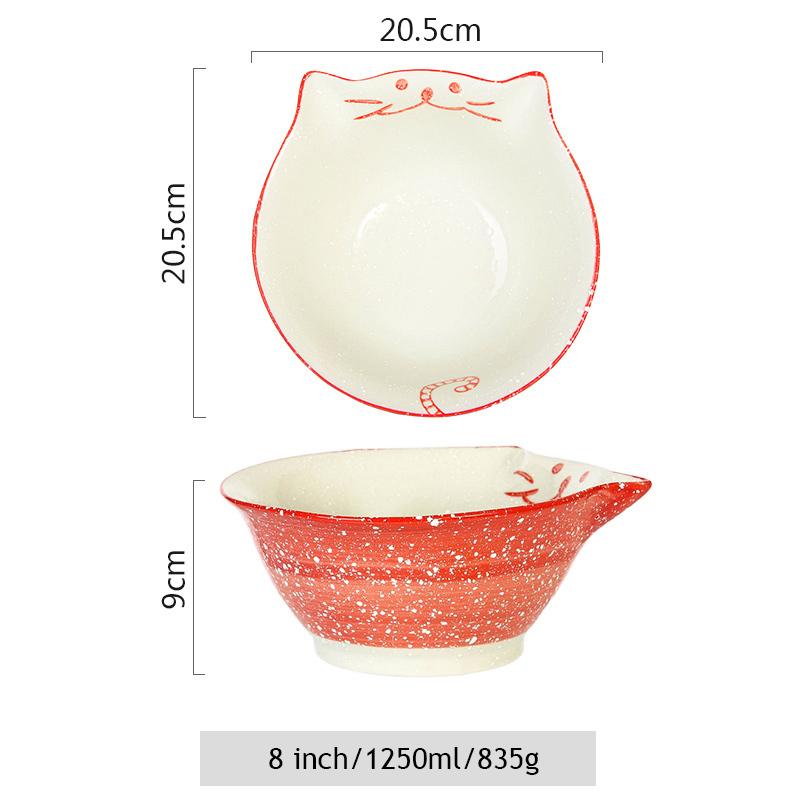 8 Inch Cartoon Kitty Bowl Ceramic Noodle Bowl Large Ramen Bowl Chinese Restaurant Dinnerware Maneki Neko Cat Soup Salad Bowl