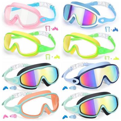 2 Pack Attached Earplugs Kids Swim Goggles Adjustable Comfortable Anti Fog Goggles Anti-UV with Nose Clip Waterproof Goggles