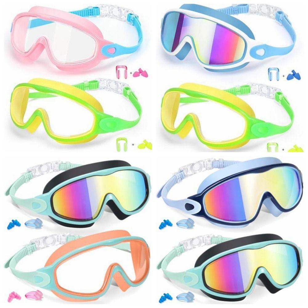 2 Pack Attached Earplugs Kids Swim Goggles Adjustable Comfortable Anti Fog Goggles Anti-UV with Nose Clip Waterproof Goggles
