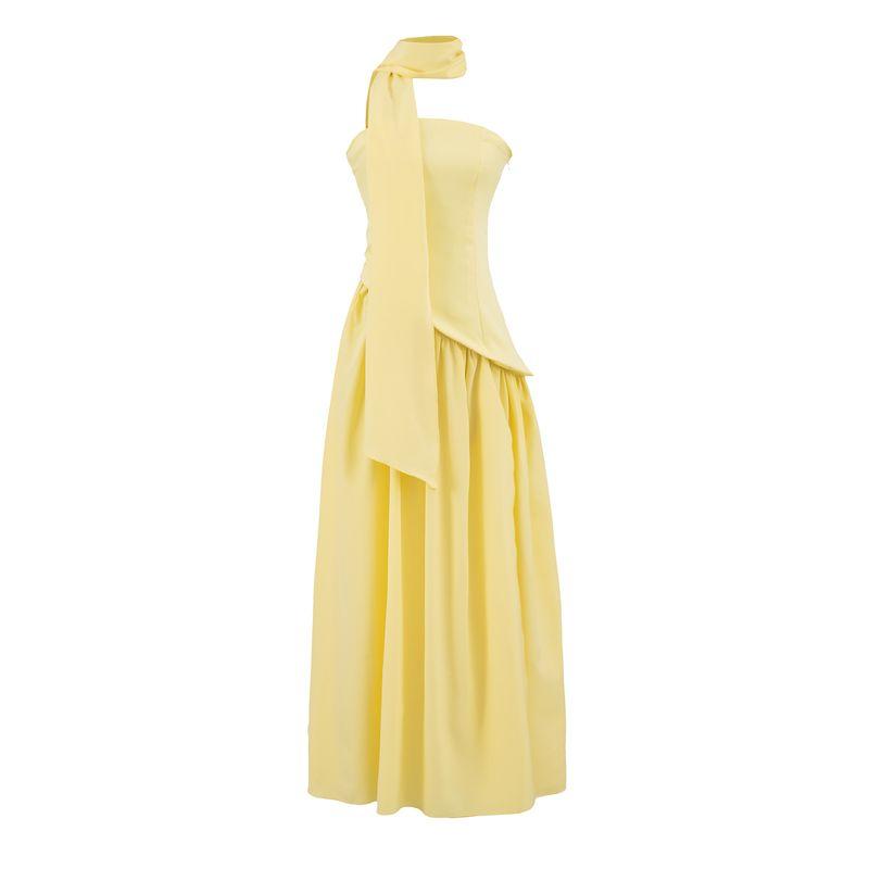 

Dreamland South French Holiday Romantic Temperament Ribbon Decoration Irregular Sexy Tube Top Split Long Dress Yellow (with scarf) S
