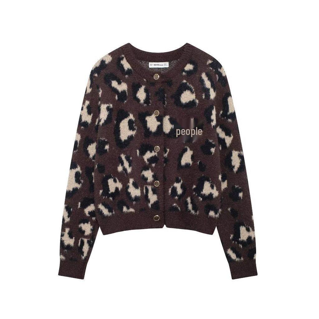 European & American Women's Round Neck Animal Print Faux Fur Knitted Cardigan Coat - Winter Collection