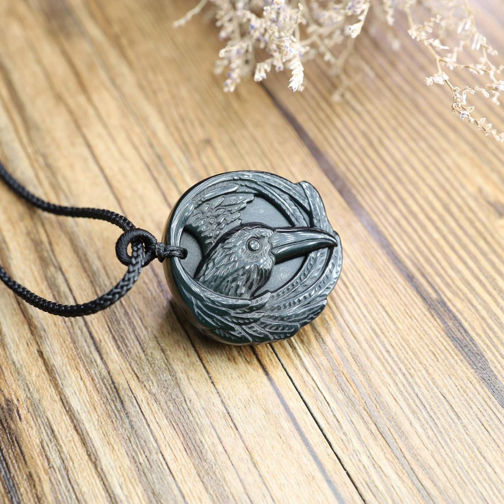 Crow Obsidian Power Stone Pendant Necklace Unisex [Coai]