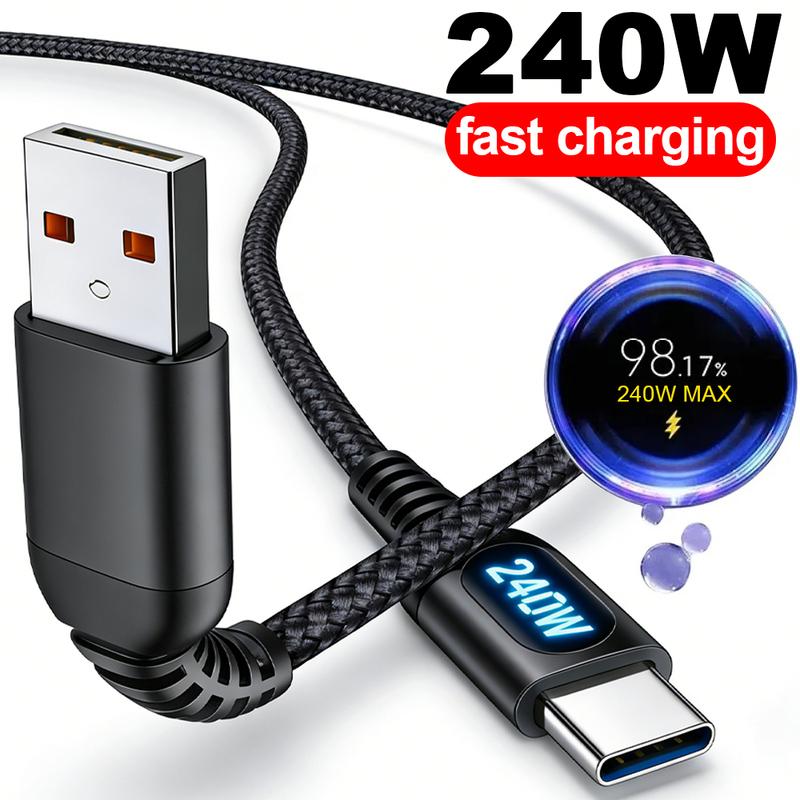 Digital Display Type C Cable 240W Super Fast Charging Cord Sturdy Nylon Braided USB-C Type-C Data Line for IPhone Samsung Xiaomi