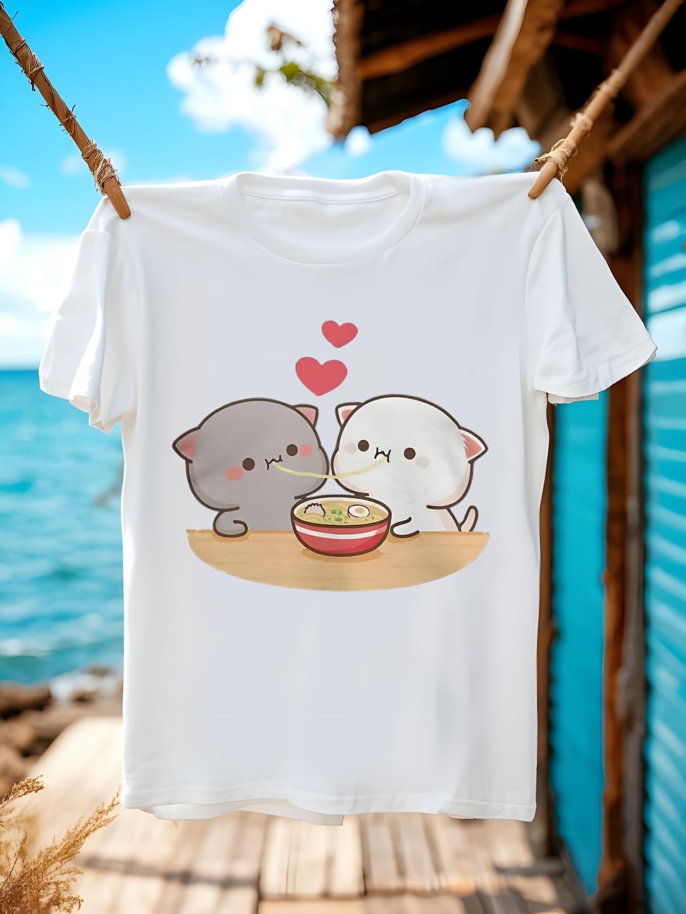 Cute Mochi Cartoon Cat Print - Unisex Vintage 100% Cotton Crew Neck Tee with Playful Kissing Cats & Hearts Design T-shirt XXXXL
