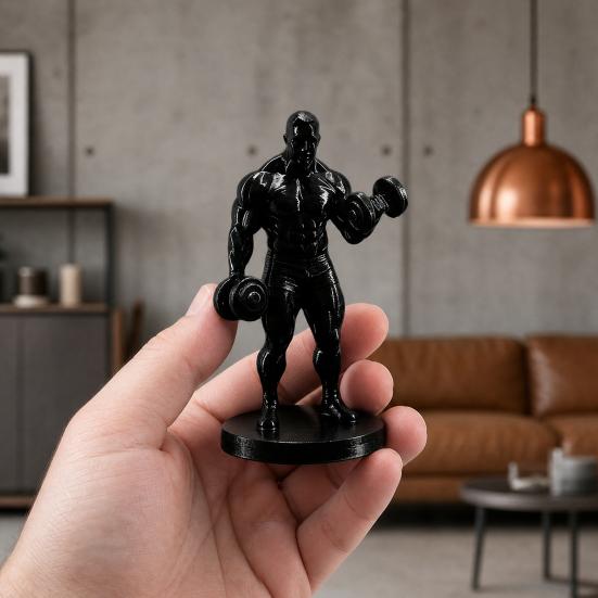 3D Printed Weightlifter Ornament, Black Statue Muscular Man Figurine, with Dumbbells Gym Tabletop Sculpture Gift for People Love Fitness
