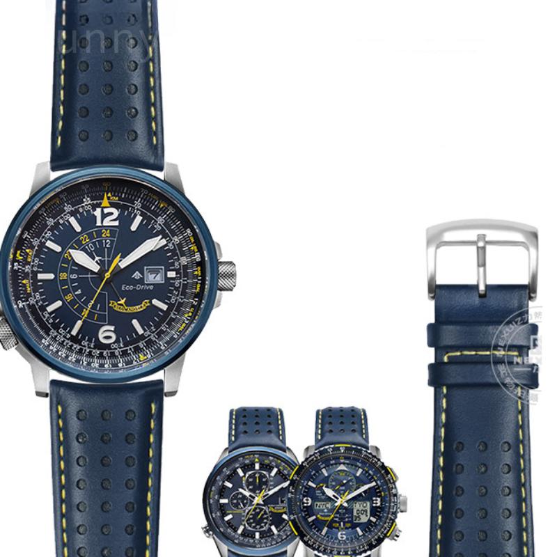 For Citizen Blue Angel 22 23mm Steel Needle Buckle Yellow Line Air Eagle At8020 Jy8078 Men's Arc Genuine Leather Watchbands