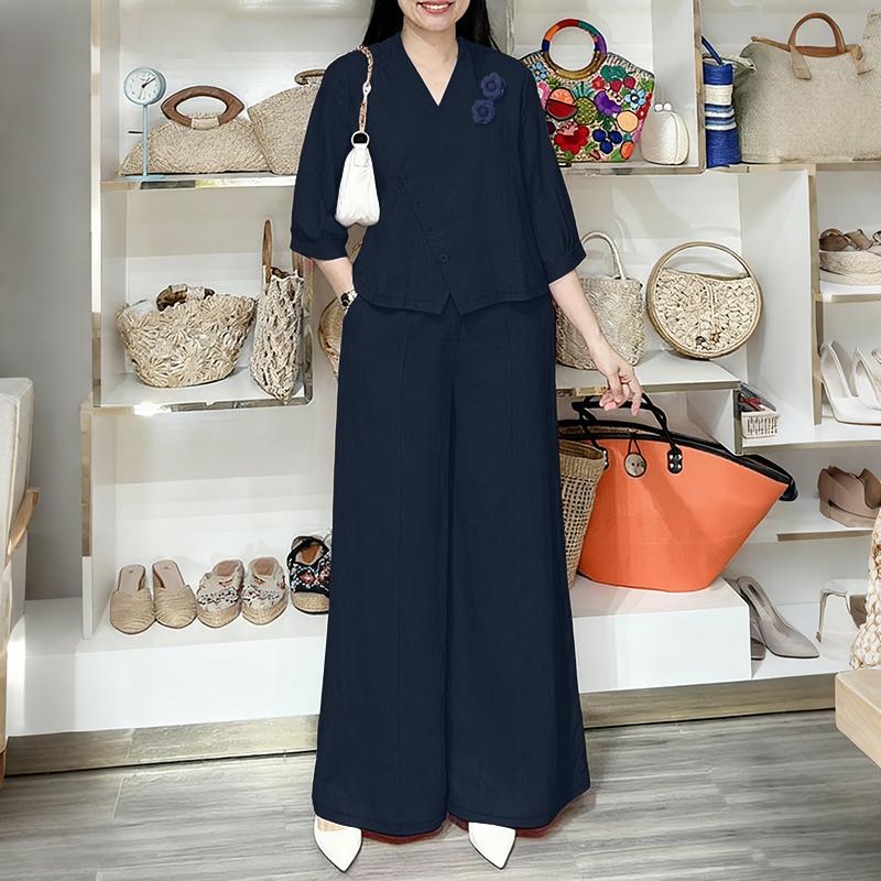 ZANZEA Women 3/4 Sleeve Blouse and Pants Casual Two Piece Suit Sets