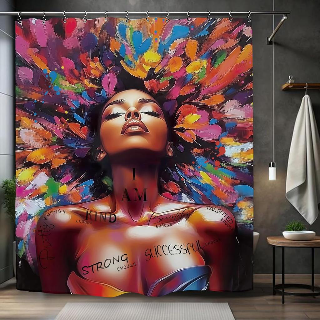 African American Olive Green Shower Curtain Black Girl Flower Oil Painting Art Bathroom Accessories Decoration with 12 Hooks