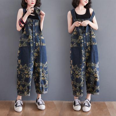 Spring Literary Retro Large Size Printed Denim Overalls Women