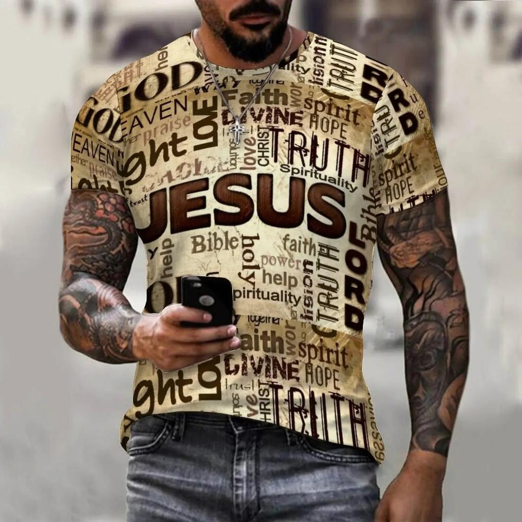 New Fashionable Letter Jesus Printed 3D Graphic Men's T-shirt Fashionable Street Round Neck Short Sleeved Casual Top T-shirt