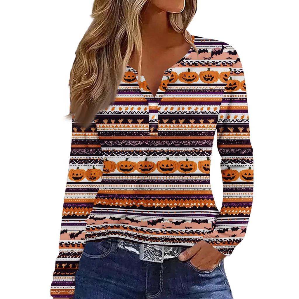 Women's Casual Long Sleeve T-Shirt with Halloween Print V-Neck Button for Parties
