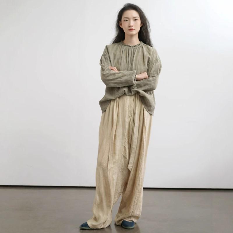 Johnature Women Vintage T-Shirts Solid Color Spring Long Sleeve O-neck Chinese Style Female Loose T-Shirts