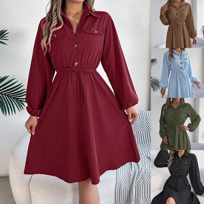 Autumn and Winter Casual Button Lace Waist Long-sleeved Shirt Skirt, Elegant Temperament Ladies Long-sleeved Dress Commuter All-match