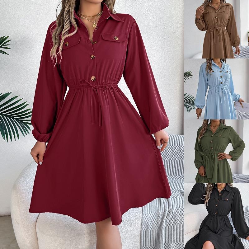 Autumn and Winter Casual Button Lace Waist Long-sleeved Shirt Skirt, Elegant Temperament Ladies Long-sleeved Dress Commuter All-match