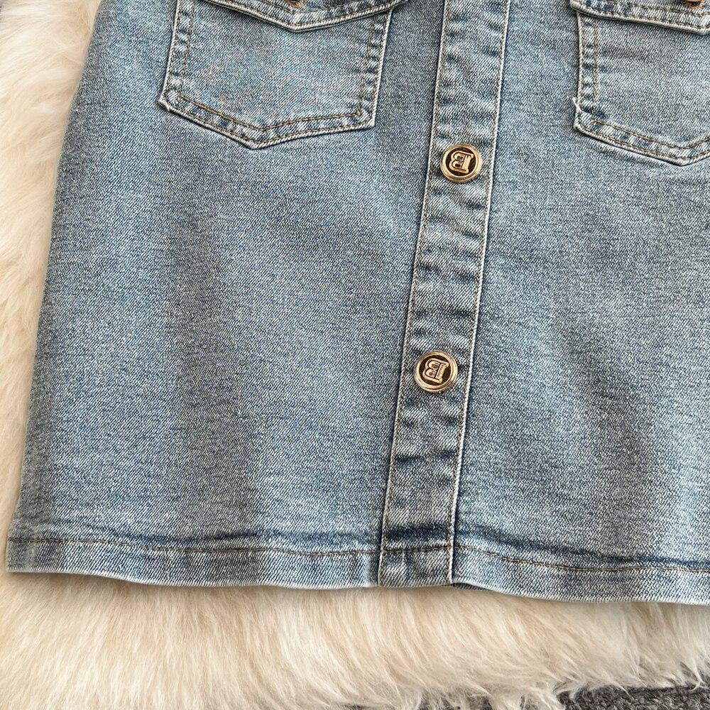 Mode Anzug Damen Jeansjacke Kurz Koreanische Slim Jacke Oberteil Zweiteiliges Set Hohe Taille Hüftumspielender Rock Frühling
