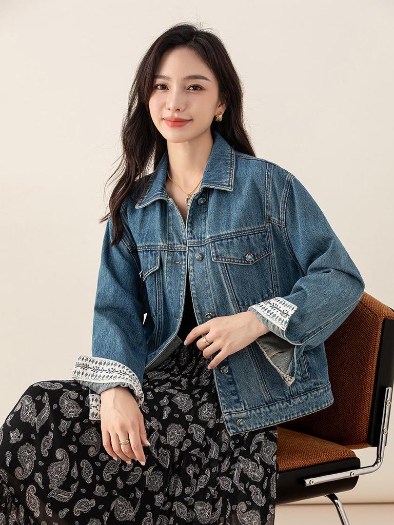 Xin Ge Combed Cotton Denim Short Jacket - Modern Retro Lapel Design