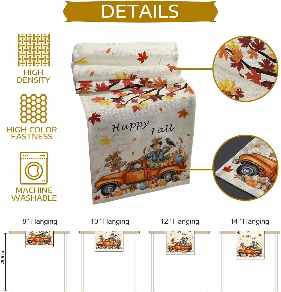 Fall Pumpkin Maple Leaf Truck Linen Table Runner Holiday Party Decor Reusable Kitchen Dining Table Runner Autumn Decorations
