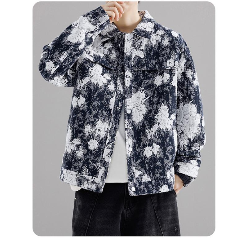Men's Floral Print Denim Jacket, Vintage Button Down Trucker Jacket with Turn-Down Collar, Casual Streetwear Outerwear for Spring & Autumn