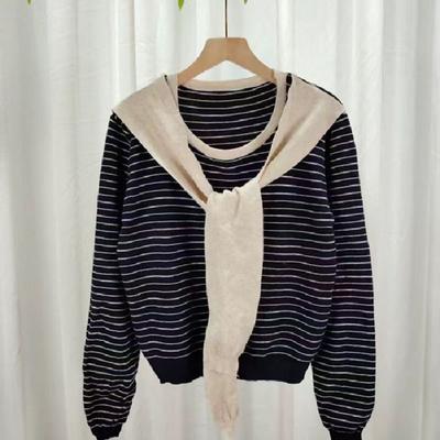 Rundhals Gestreifter Strickschal, Zweiteiliger Neuer Frühjahrs- und Herbstkurzer Lockerer Freizeit-Pullover Basisschicht