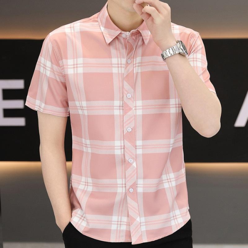 Summer Short-sleeved Shirt Men's Plaid Shirt Workwear Gangster Handsome Men's Ice Silk Casual Inch Shirt Tops