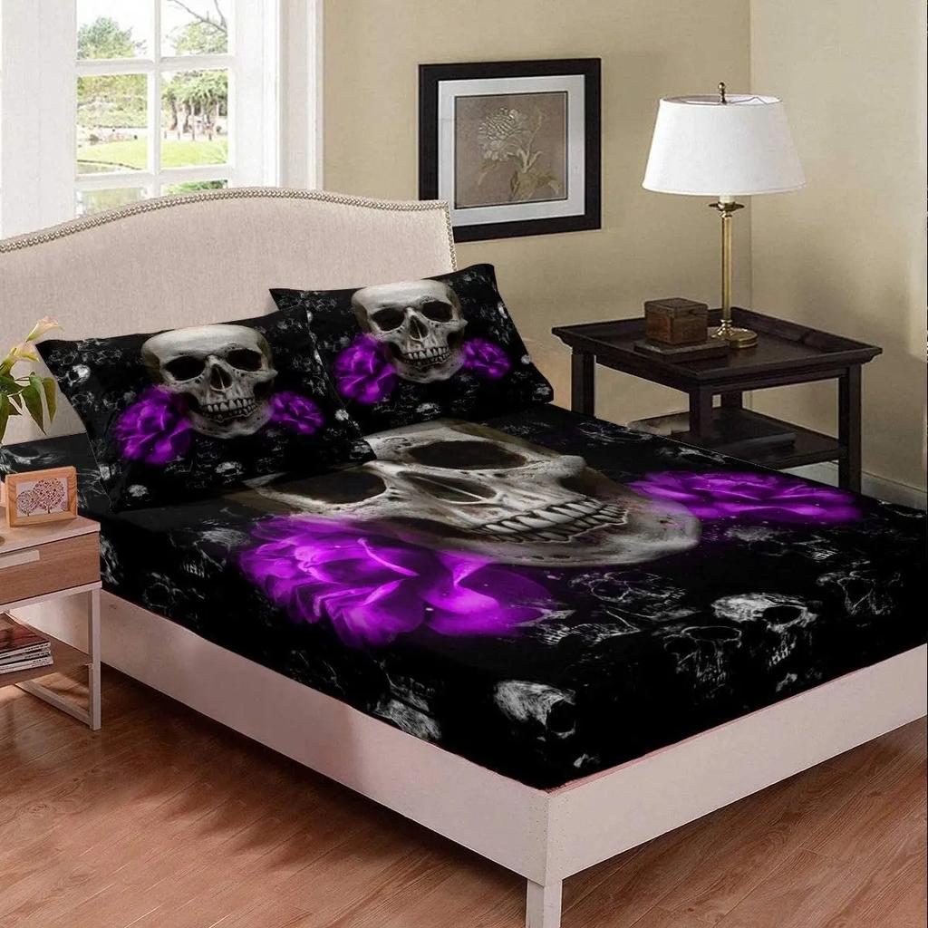 3D Dead Sugar Skull Girl Kissing Skull Home Bed Fitted Sheet Set Soft Microfiber Breathable Bedding All-Round Elastic Pocket