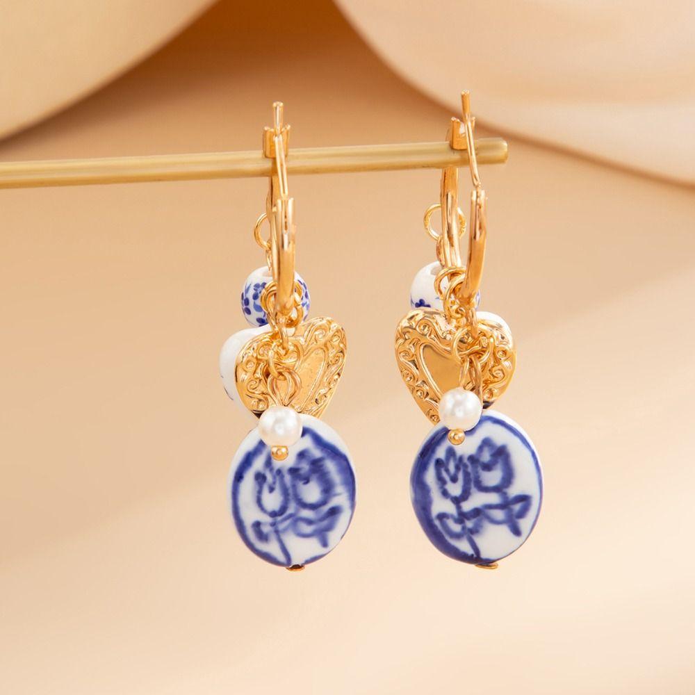 Zinc Zinc Alloy Blue and White Porcelain Earrings Jewelry Accessories Hoop Earrings Ceramic Ear Buckle  Party