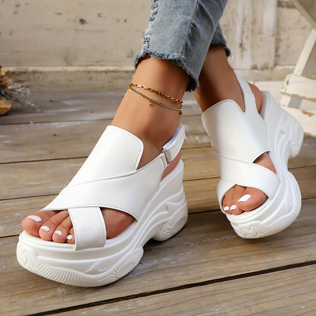 

White Synthetic Women s Summer Platform High Heel Sandals | Open Toe Thick Sole with Adjustable Hook-and-Loop Closure for Casual & Formal Occasions Size 35 белый