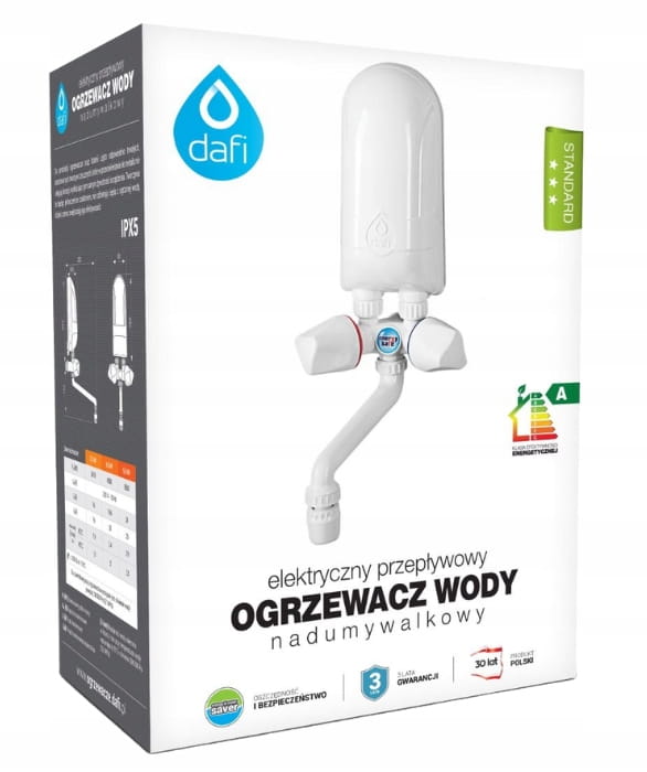 Dafi instantaneous water heater with white tap 5.5 kW, above the sink