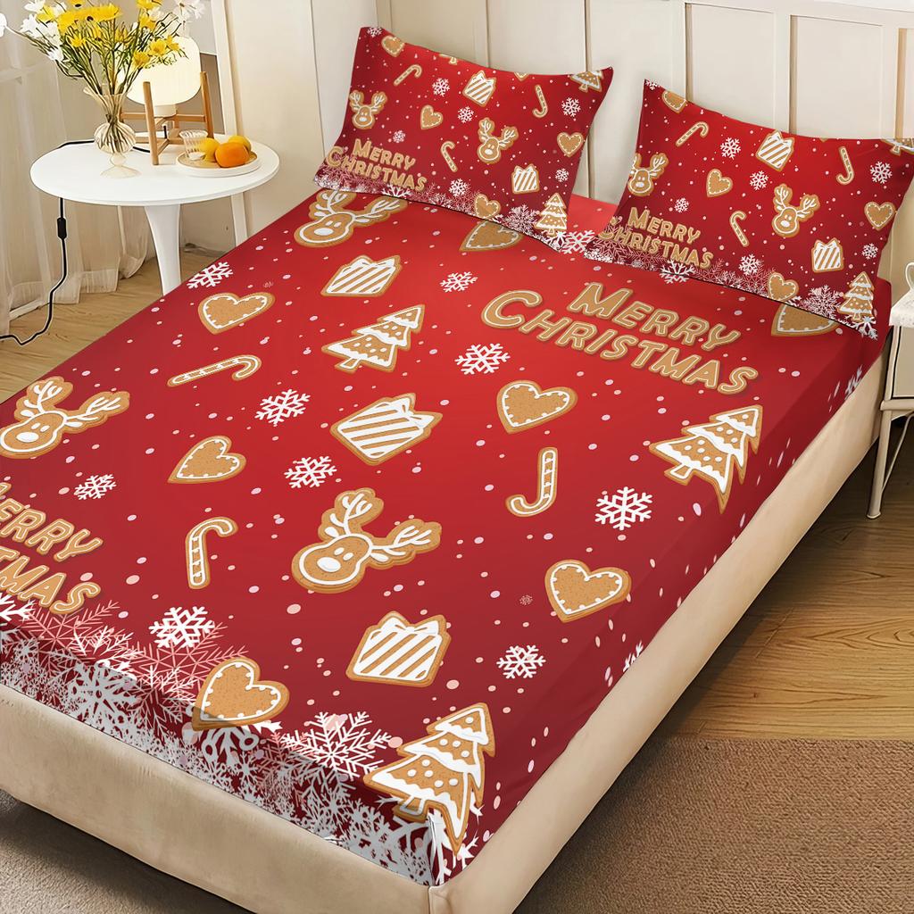 3pcs Christmas gingerbread print coreless bedsheet set multiple size soft bedcovers bedroom bedding decorations machine washable
