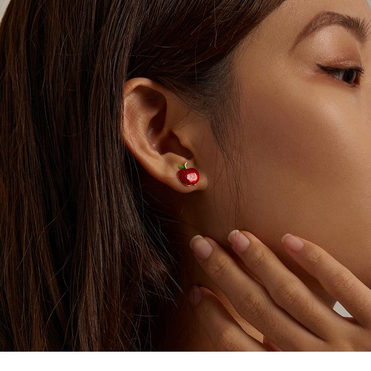 Yinziyun Christmas Apple Red Drip Oil Stud Earrings, Women’s European/American Holiday, S925 Silver.