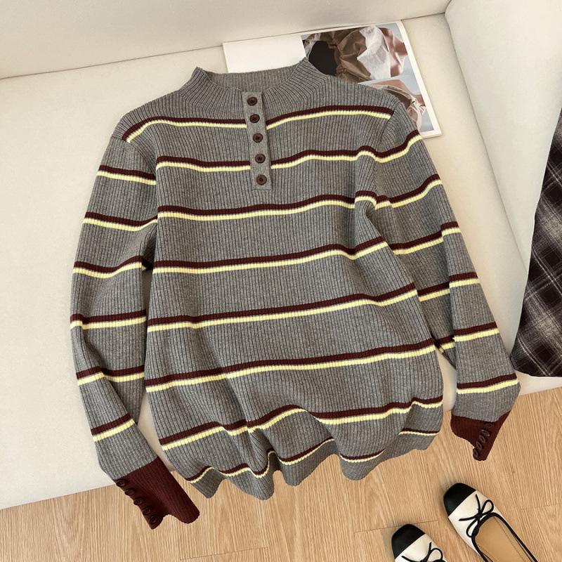 Настоящий осенне-зимний полосатый полуводолазка с длинным рукавом вязаный свитер с контрастными цветами One size fits all серый 2790₽