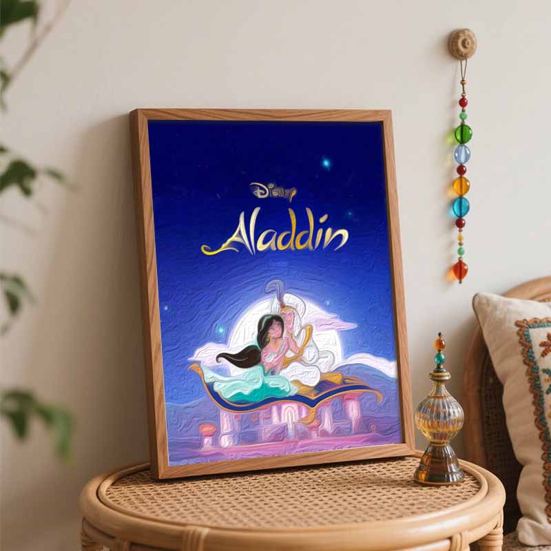 Disney Oil Painting DIY Digital Painting Aladdin and Jasmine Flying Carpet Wall Art for Living Room and Entryway Decoration.