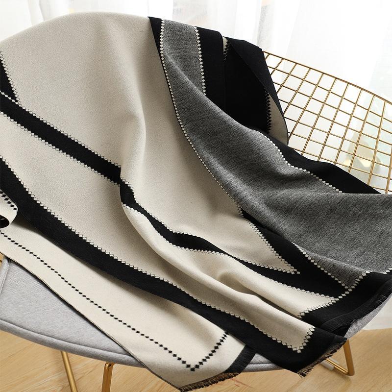 Strips Printed Scarf Spring Autumn and Winter Cashmere Thick Scarf Air Conditioning Room Shawl for Women Fashion Embroidered Warm Scarf