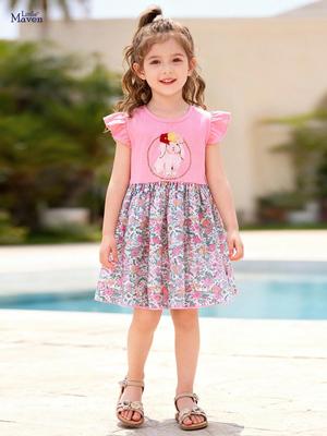 Vestido infantil de verano con estampado floral de dibujos animados de Little Maven - Manga corta, falda transpirable